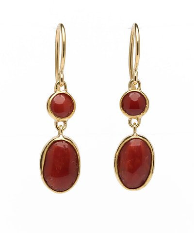 22 & 18 Karat Yellow Gold Oxblood Coral French wire dangle earrings.