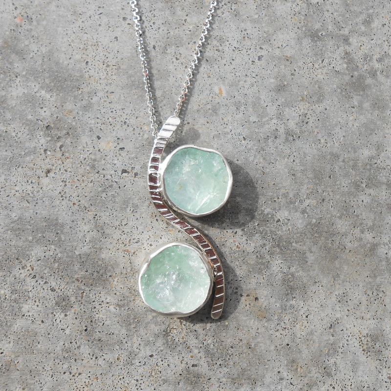 Sterling Silver Natural Face Aquamarine Two Stone Pendant with Chain.