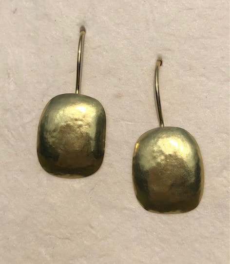 Handmade 18 Karat Yellow Gold elongated cushion shaped hammered earrings with French Wires.