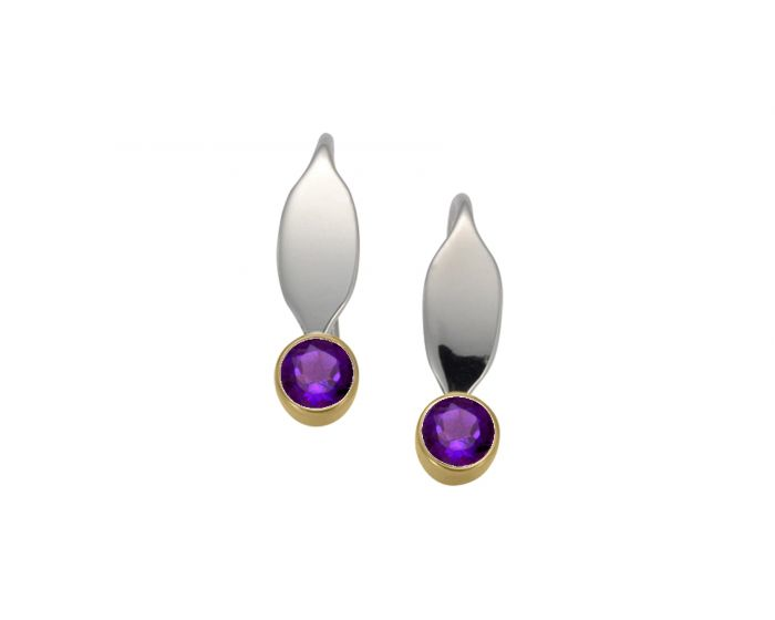 Sterling Silver French wire earrings with 14 Karat Yellow Gold bezel set round Amethysts.