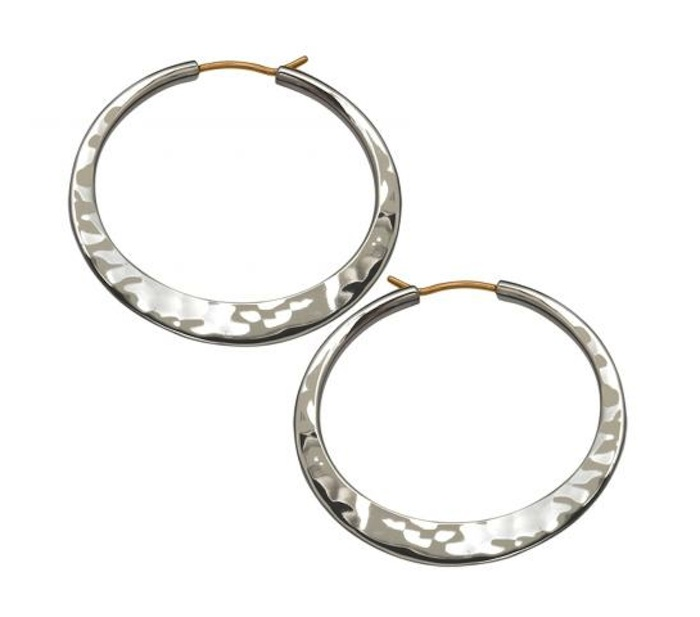 Sterling Silver flat hammered hoop earrings with 14 Karat Yellow Gold posts.