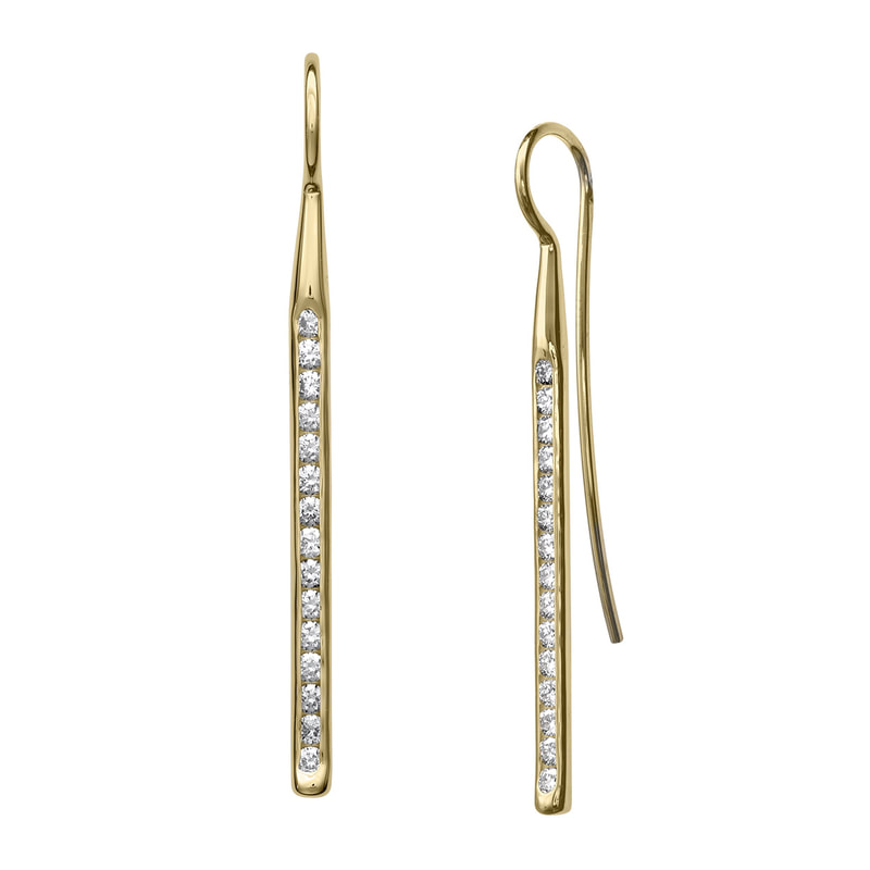 14 Karat Yellow Gold line earrings with channel set Diamonds and French Wires.