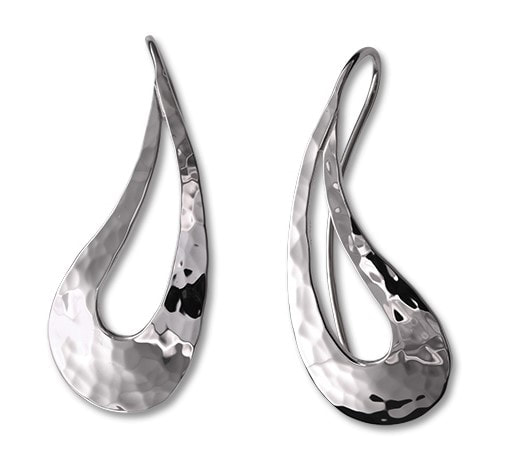 Sterling Silver curved hammered open tear drop shaped earrings with elongated French wires.