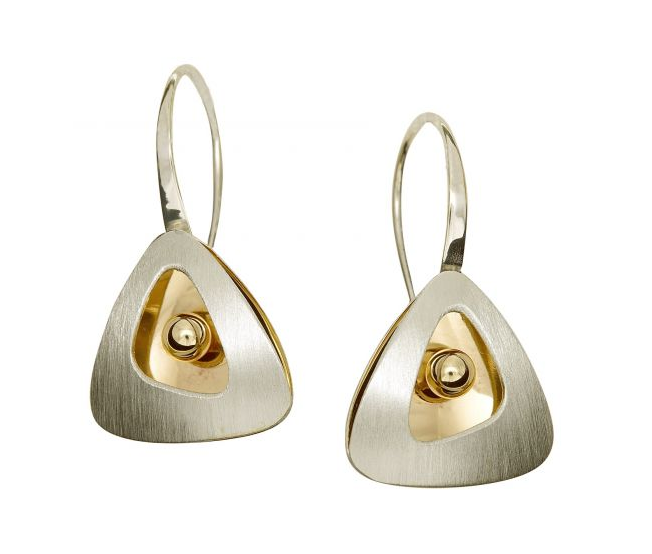 Sterling Silver triangular earrings with a 14 Karat Yellow Gold bead recessed in the middle.
