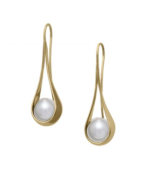 14 Karat Yellow Gold earrings with round Pearls cradled in a loop with French Wires.