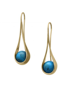 14 Karat Yellow Gold earrings with round Turquoise beads cradled in a loop with French Wires.