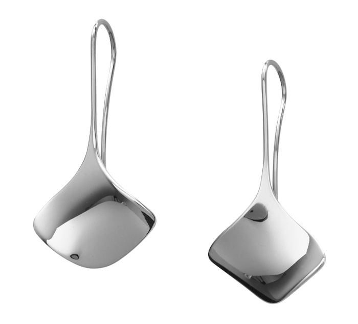 Sterling Silver earrings with a curved fan-like drop on elongated French wires.