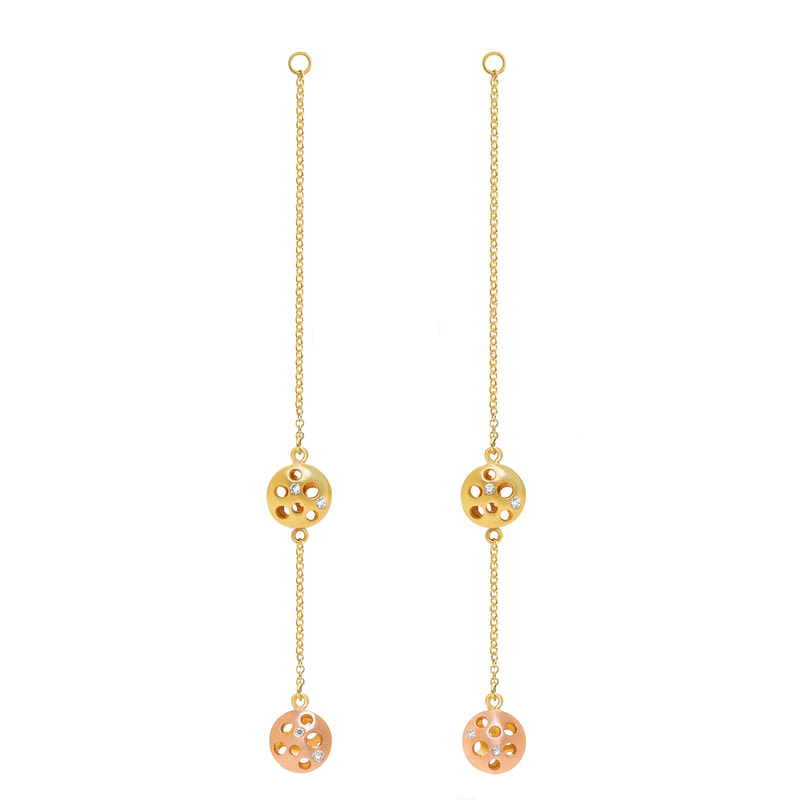 18 Karat Yellow and Rose Gold earring jackets with dangling chain and two round stations with open circles.