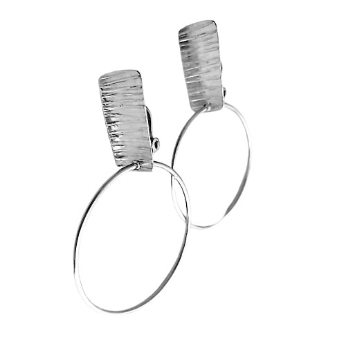Sterling Silver Clip-on earring with a textured rectangular shape station on the top with a hoop on the bottom.