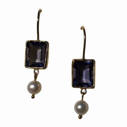 22K and 18K Gold dangle earrings with rectangular Iolite gems and pearls.