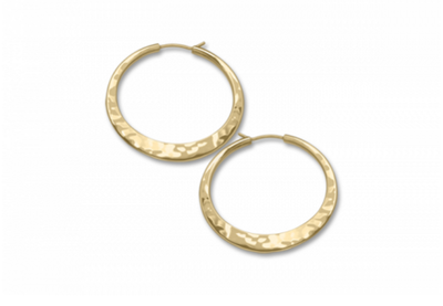 14 Karat Yellow Gold flat hammered hoop earrings.