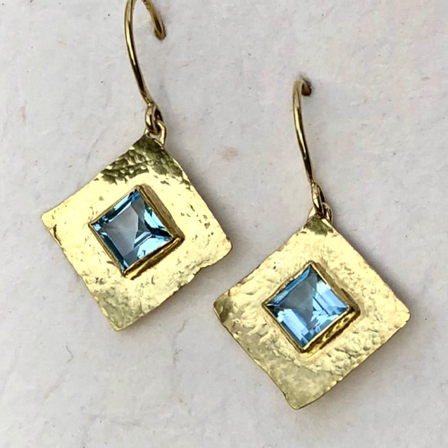 22 Karat and 18 Karat Yellow Gold square Blue Topaz Dangle earrings.