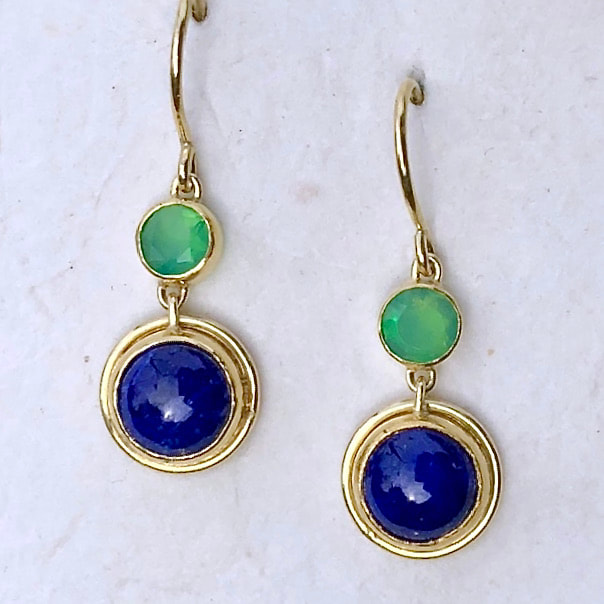 High Karat Yellow Gold dangle earrings with Lapis and Blue Opal.