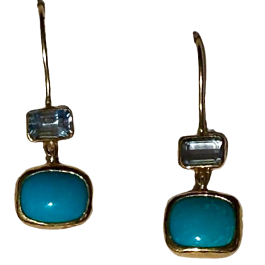 22KY & 18KY French Wire earrings with Aquamarine and Turquoise.