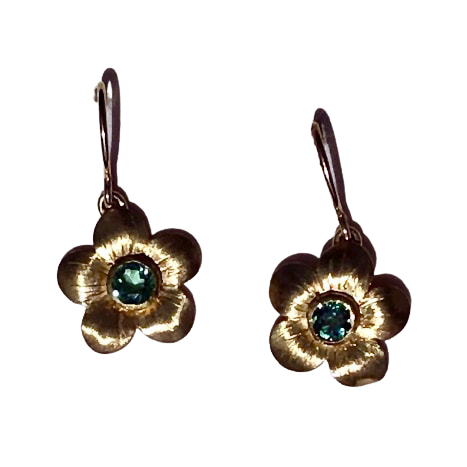 22KY & 18KY Gold Blossom earrings with a Tourmaline in the center of each.