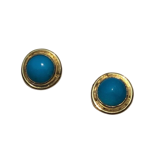 Round Sleeping Beauty Turquoise studs with 22KY bezel and an outer edge of 18KY gold.