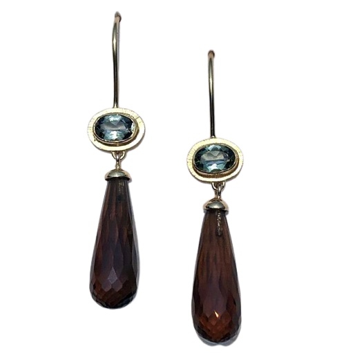 22 Karat Yellow Gold and 18 Karat Yellow Gold "Pine" French Wire Earrings with Tourmaline and Smoky Topaz.