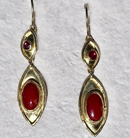 22 & 18 Karat Yellow Gold Oxblood Coral and Pink Sapphire French wire dangle earrings.