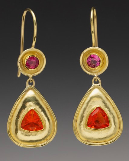 22K and 18K Yellow Gold dangle earrings with Pink Tourmaline and Fire Opal.