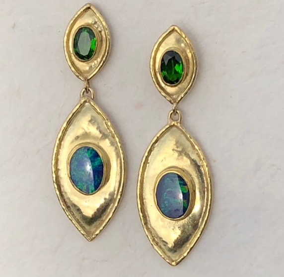 High Karat Yellow Gold post earrings with Chrome Diopside and Australian Opal doublets.
