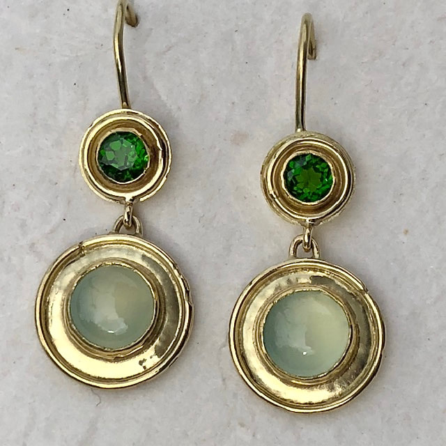 High Karat Yellow Gold dangle earrings with Chrome Diopside and Chalcedony.