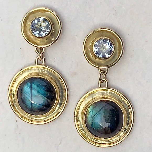 High Karat Yellow Gold post earrings with Aquamarine and Labradorite.