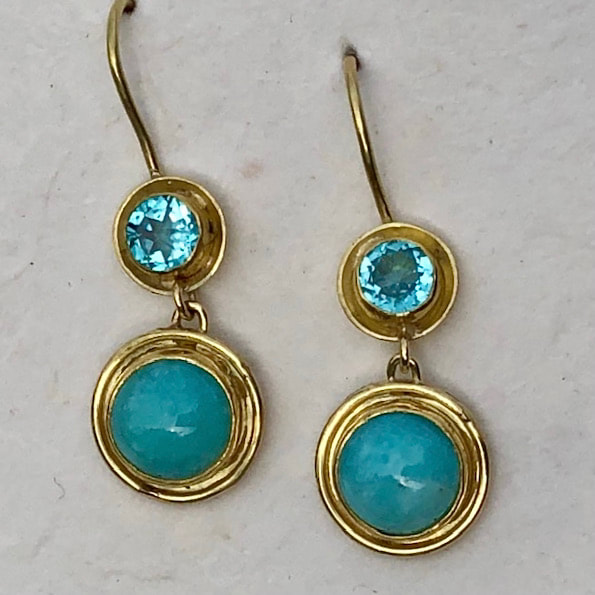 High Karat Yellow Gold dangle earrings with Apatite and Amazonite.