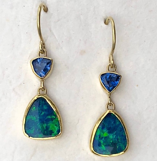 High Karat Yellow Gold dangle earrings with Kyanite and Australian Opal doublets.