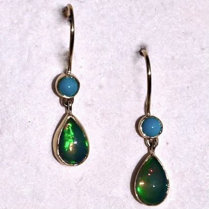 22K and 18K Yellow Gold dangle French Wire earrings with Ethiopian Opal and Turquoise.