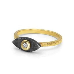 Blackened Sterling Silver & 14 Karat Yellow Gold "Evil Eye" Ring with one diamond in the center.
