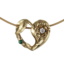 18 Karat Yellow Gold Heart Shaped Pendant with leaves, a Diamond and Tsavorite Garnet.