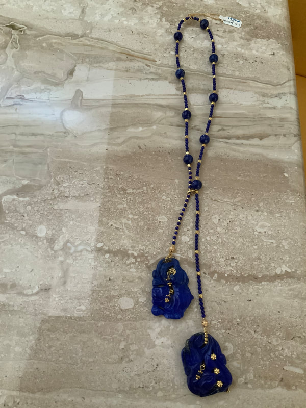 DDCL51:   18KY Hand carved Lapis Lazuli, Turquoise Lariat, 28"  Original Price  $2661.00, Sale Price $1560.00