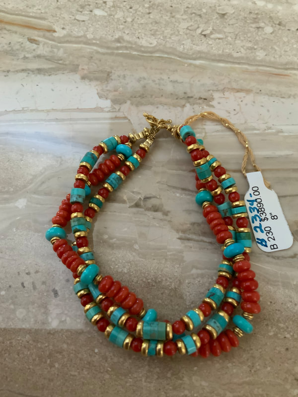 DDCB230:   18KY Coral, Turquoise 3 Strand Bracelet, 7-8.5” Original Price  $3890.00, Sale Price $2334.00