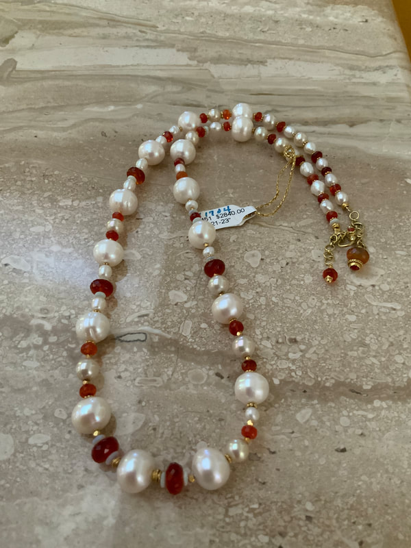 DDCN51:   18KY Freshwater Pearl, Fire Opal Necklace, 21-23”  Original Price  $2840.00, Sale Price $1704.00