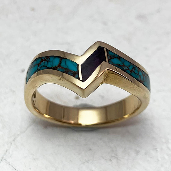 14 Karat Yellow Gold angled band with Sugilite and Turquoise inlay.