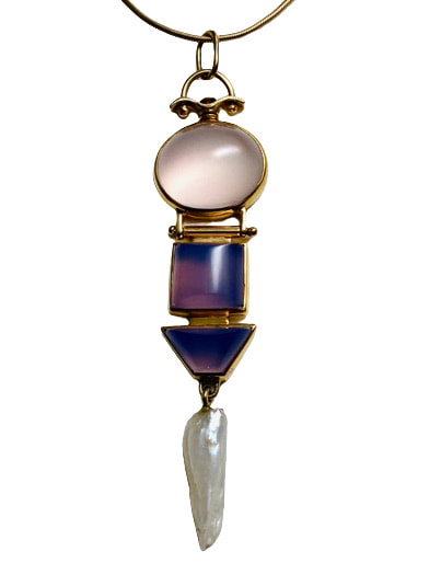 14 Karat Yellow Gold Pendant with Natural Rose Quartz, Natural Lavender Chalcedony & Tennessee River Pearl Pendant.