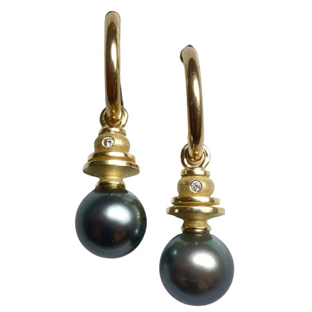18 Karat Yellow Gold Earrings with 9mm Cultured South Sea Pearls & Diamonds.