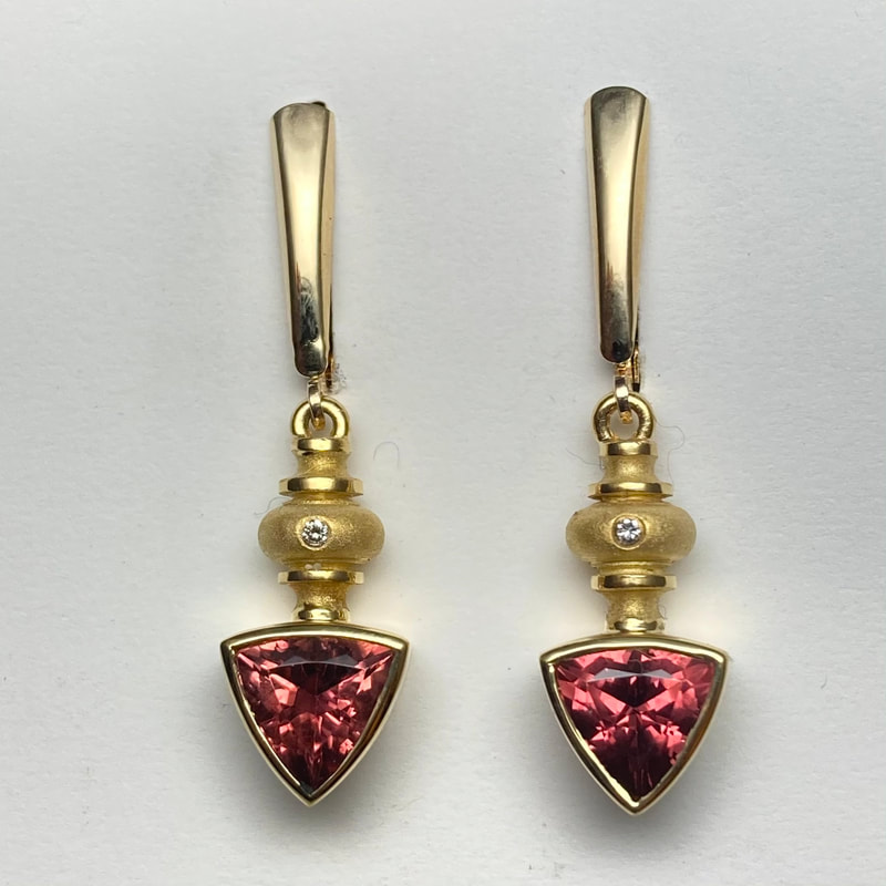 18 Karat Yellow Gold Earrings with Trillion Shape Pink Tourmalines & Diamonds.