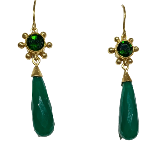 22K and 18K Yellow Gold French Wire dangle earrings with Chrome Diopside and Chalcedony Drops.