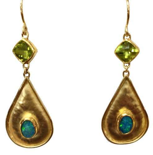 22K and 18K Yellow gold French wire dangle earrings with Peridot and Opal.