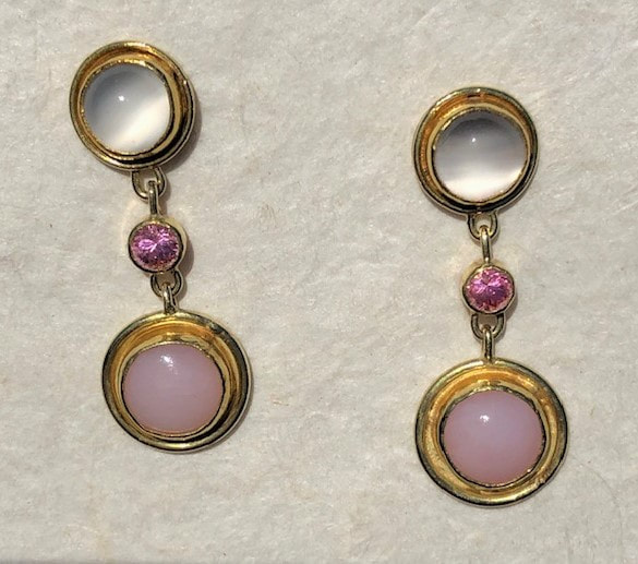 22KY & 18KY Post Earrings with Pink Opal, Pink Spinel & Moonstone.