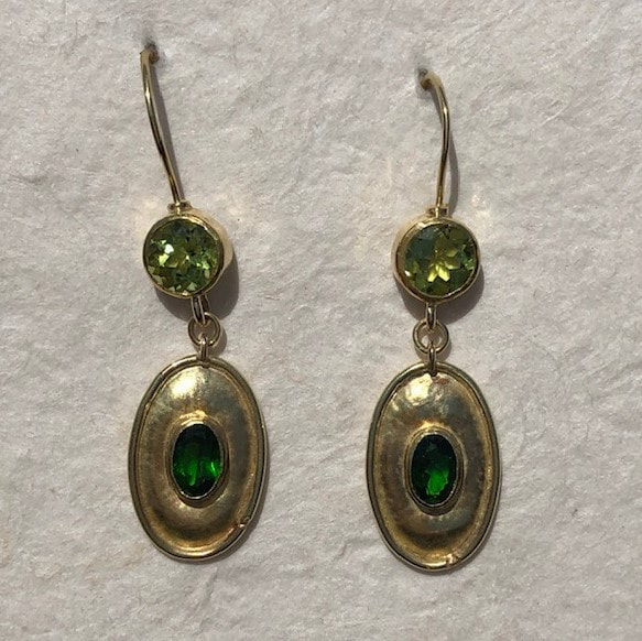 22KY & 18KY Gold French wire Earrings with bezel set Chrome Diopside & Peridot.
