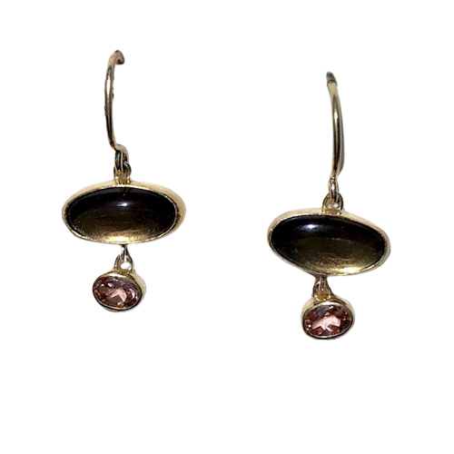 22KY & 18KY French wire earrings with oval Smoky Quartz and Peach Zircon.