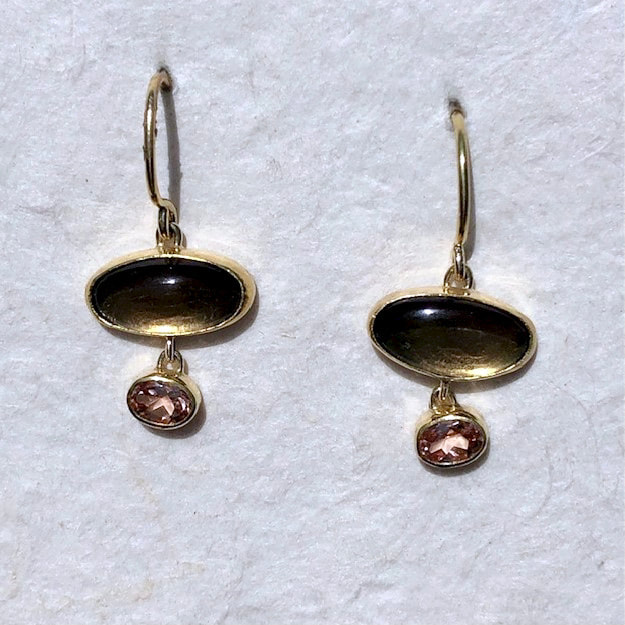 22KY & 18KY French wire earrings with oval Smoky Quartz and Peach Zircon.