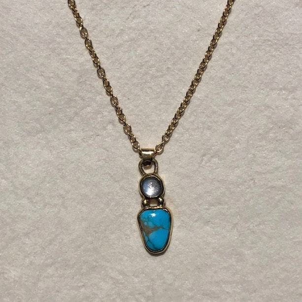 22KY Gold & 18KY Gold pendant with Turquoise & Rainbow Moonstone on a chain.