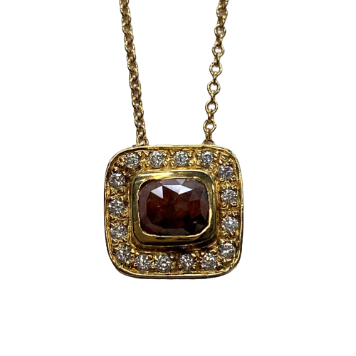 Yellow gold square pendant with a square natural red diamond surrounded with a halo of white diamonds.