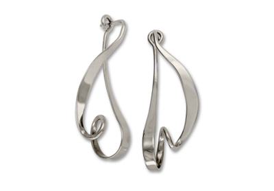 Sterling Silver curved and twisted earrings with pinch-to-open earrings.