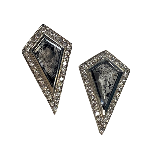 White gold kite shaped earrings natural gray diamonds traced by smaller white diamonds with post backs.