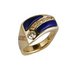 14KY Gold wide squared slant band with Lapis and Diamonds