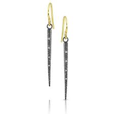 Oxidized Sterling Silver spike - like dangle earrings with Flush-Set Diamonds with Yellow Gold French Wires.